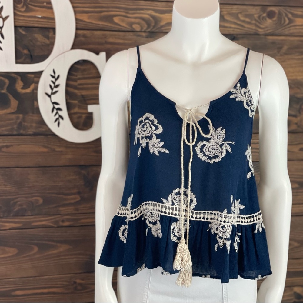 Altar’d State | Floral Embroidered‎ Peplum Cami Tie Front Tassels Crochet Trim